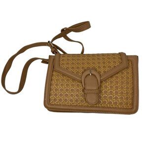 Madison West Jolene Tan Crossbody Purse Bag Woven Rattan Detail Faux Leather